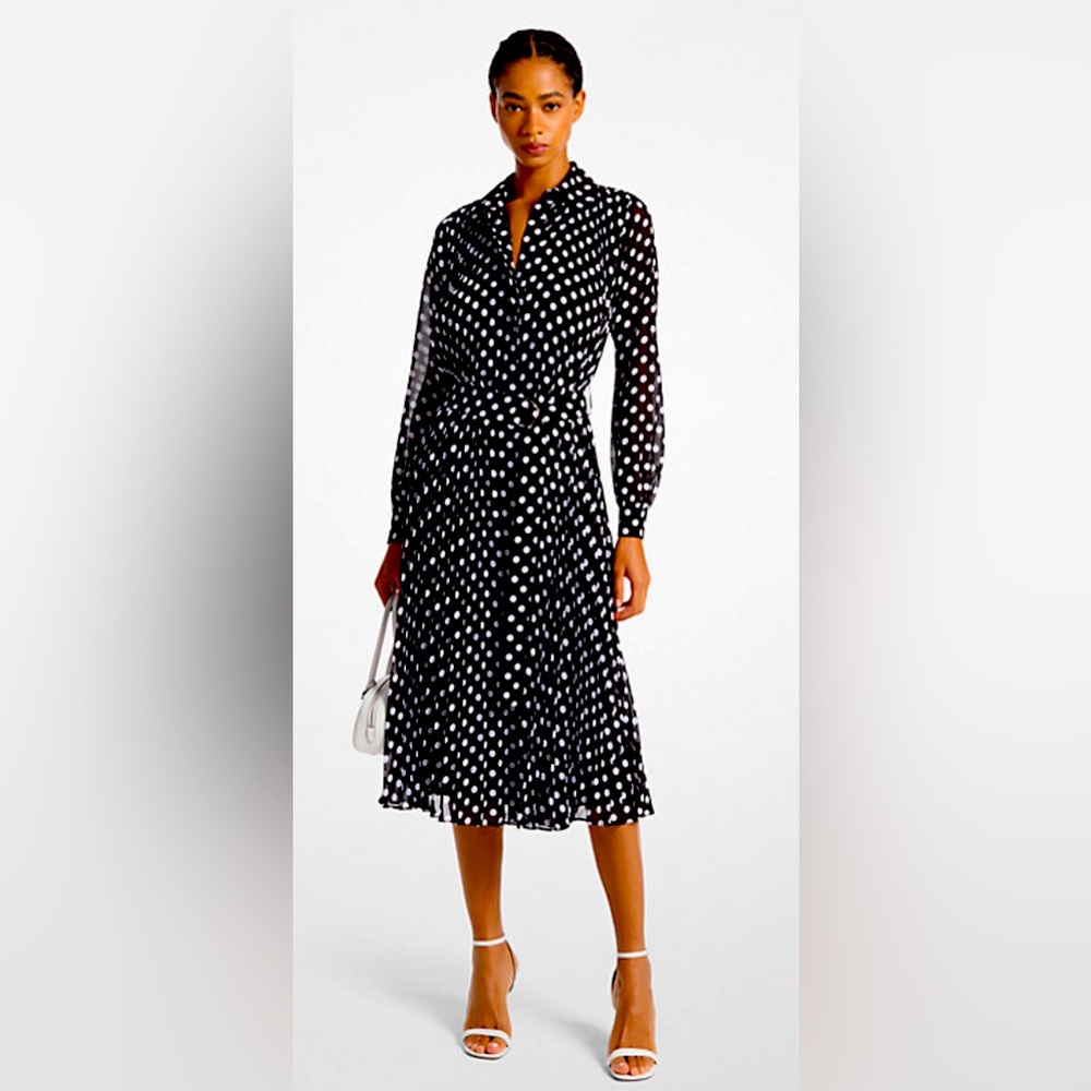 Michael Kors Black and White Polka Dot Long Sleeve Midi Dress